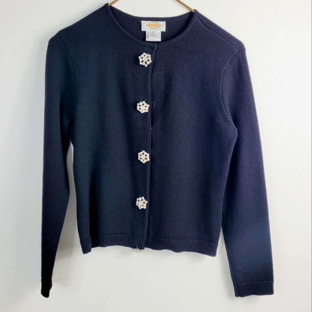 Merino Wool black Cardigan Vintage rhinestone buttons Talbots small
